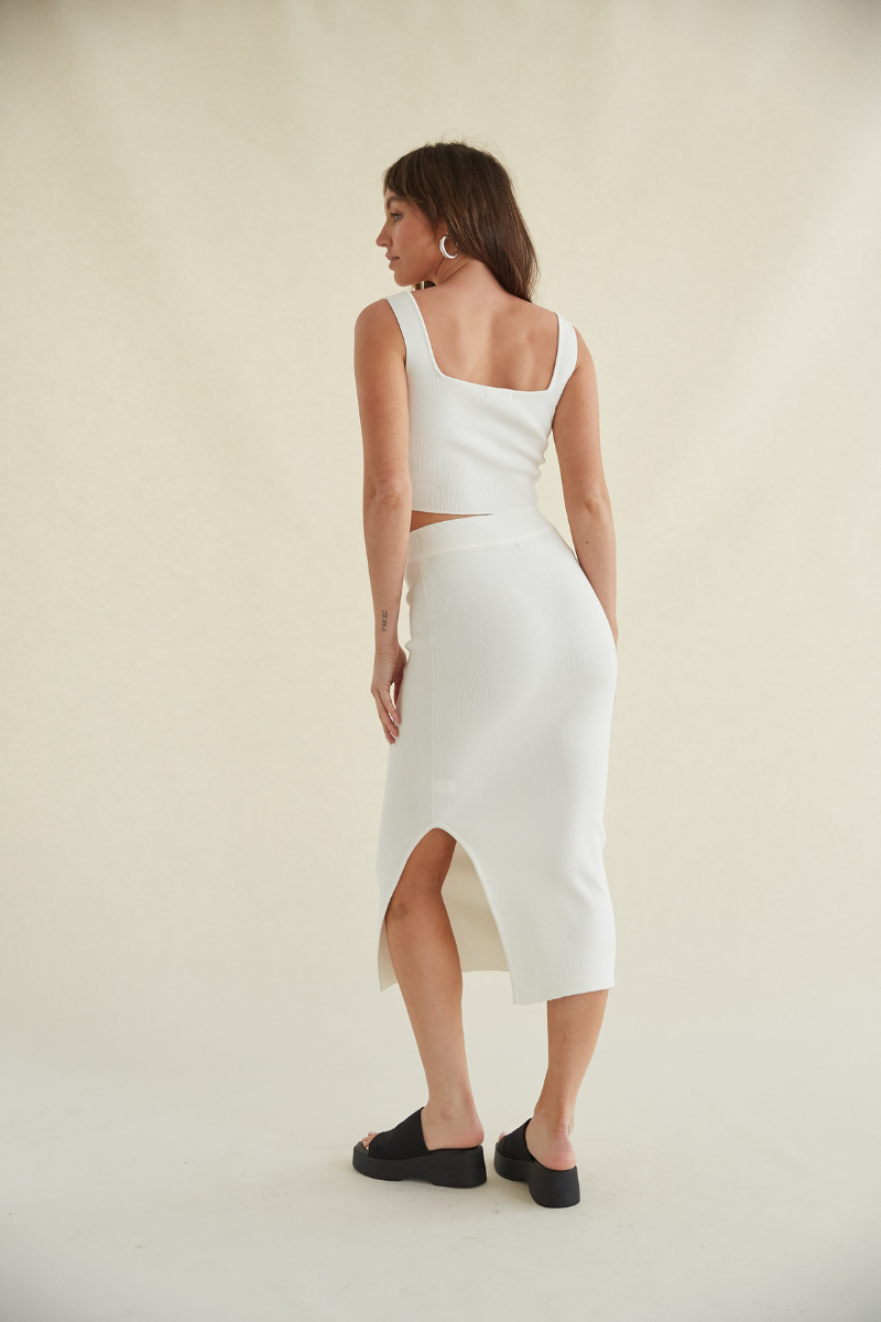white two piece knit set - white knit maxi skirt - bodycon midi skirt