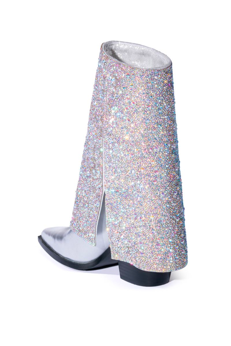 azaela wang fold over rhinestone boots - silver sparkly festival booties