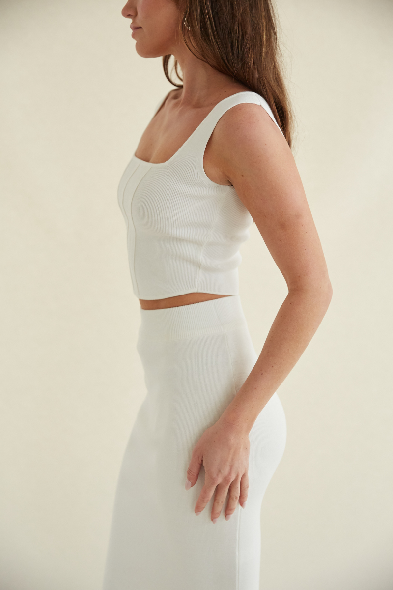 white knit two piece set - corset style crop top - ribbed white crop top