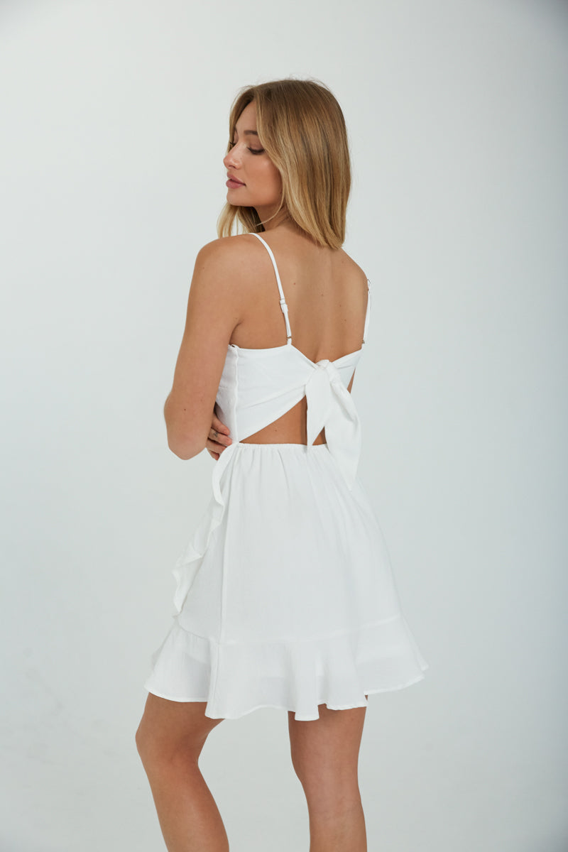 Audra Tie Back Ruffle Wrap Mini Dress • Shop American Threads Boutique White / M