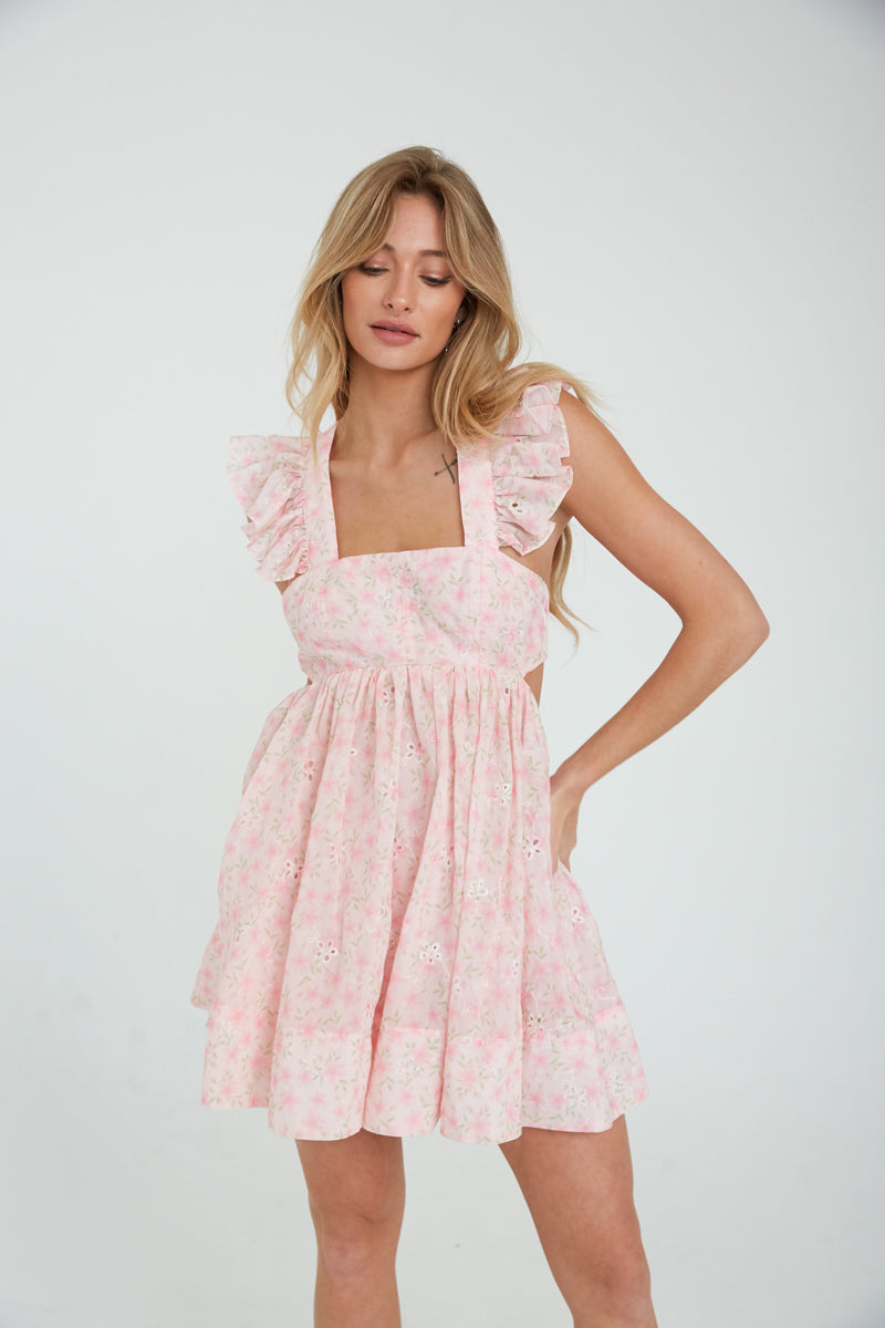 pink floral babydoll dress - floral spring dresses - apron style floral mini dress