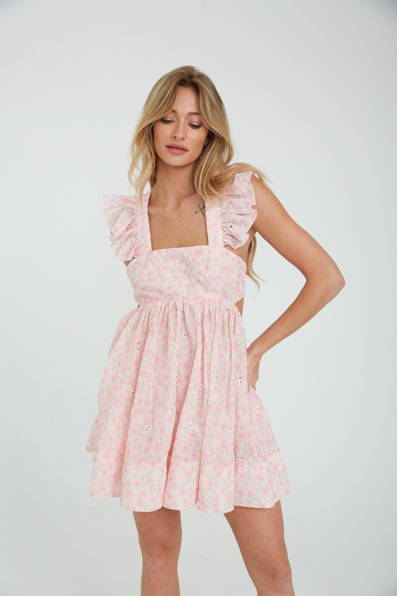 Cara Floral Eyelet Flutter Sleeve Babydoll Mini Dress • American ...