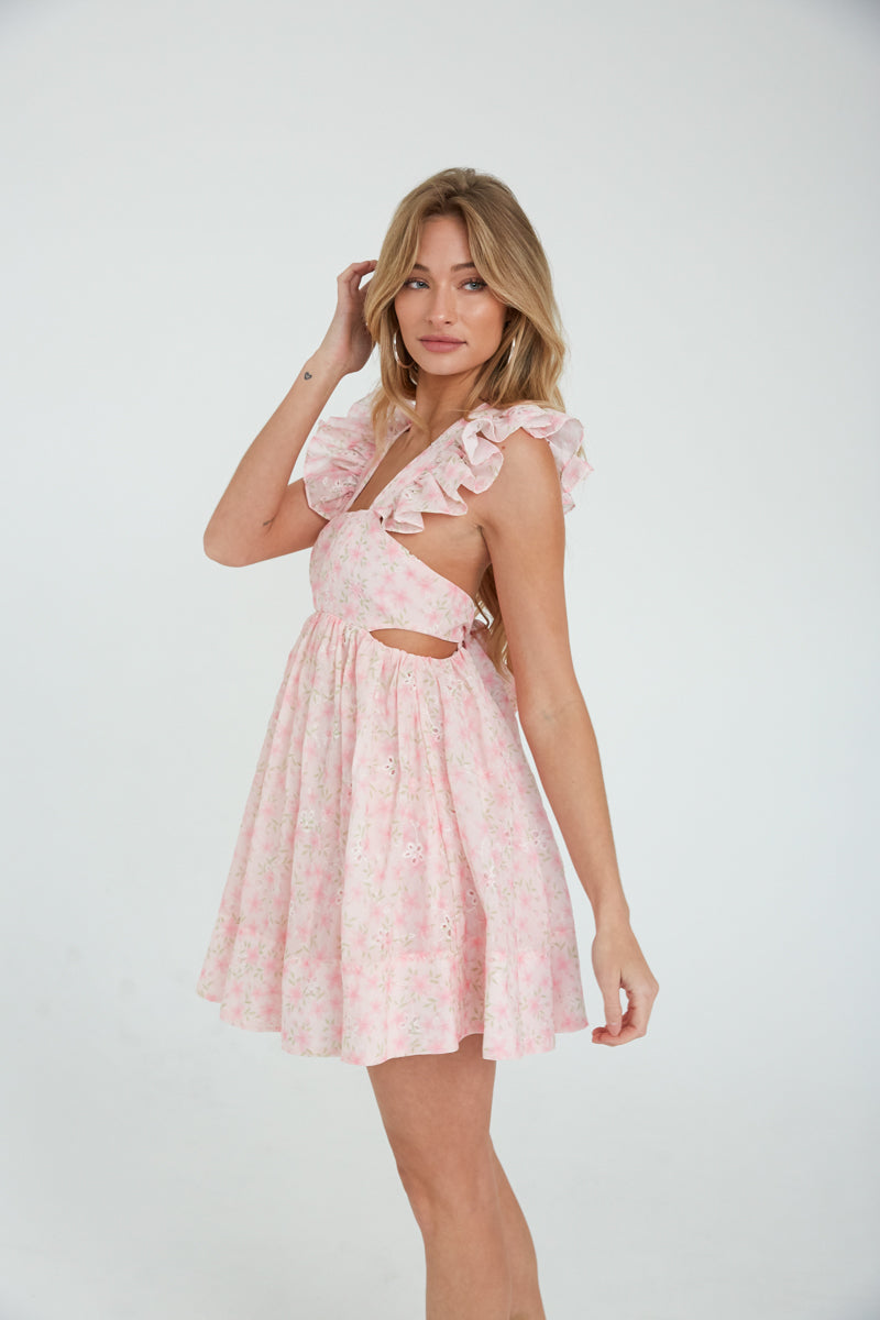 Cara Floral Eyelet Flutter Sleeve Babydoll Mini Dress • American ...