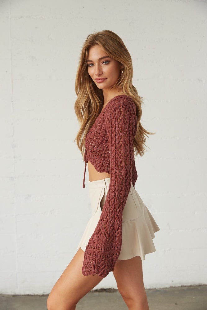 side view of crochet open knit crop sweater