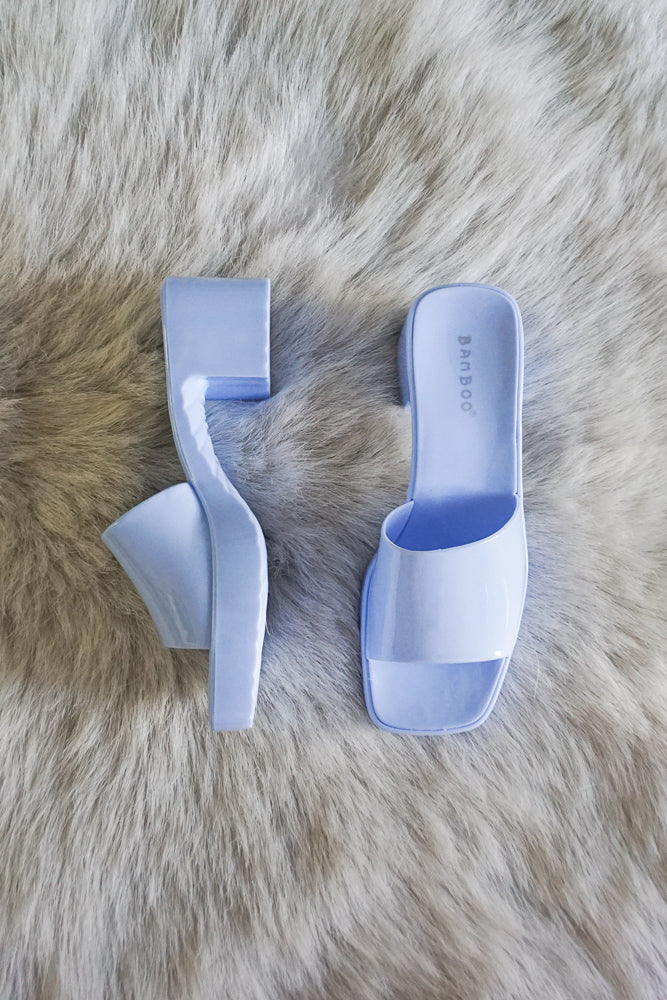 Raveena Rubber Slide Block Heel Sandals Blue Top and Side View