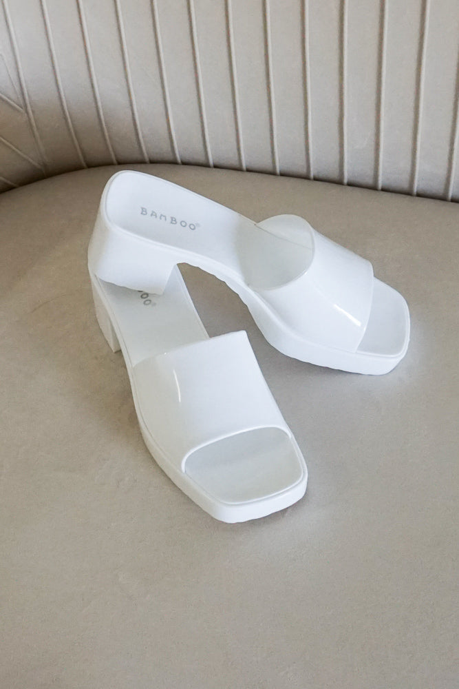 Raveena Rubber Slide Block Heel Sandals White 3/4 View