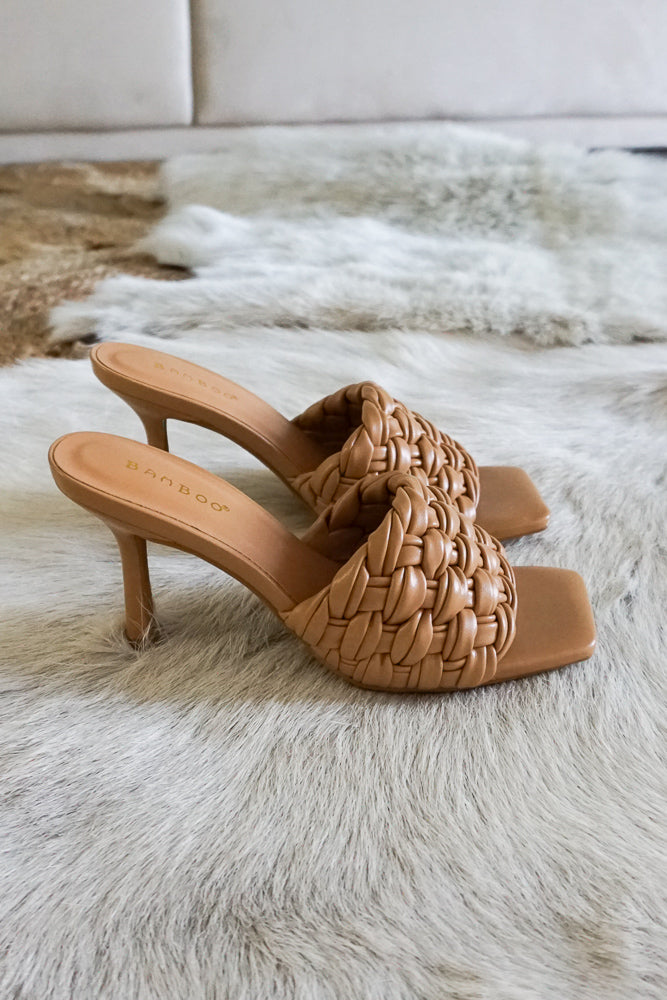 Laura Woven Heeled Mule Tan Side View