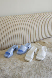 Raveena Rubber Slide Block Heel Sandals Blue and White