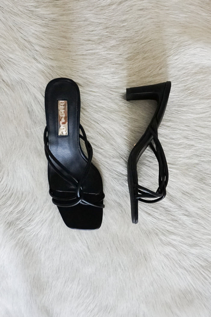 Kora Twisted Strap Heel in Black Top and Side View
