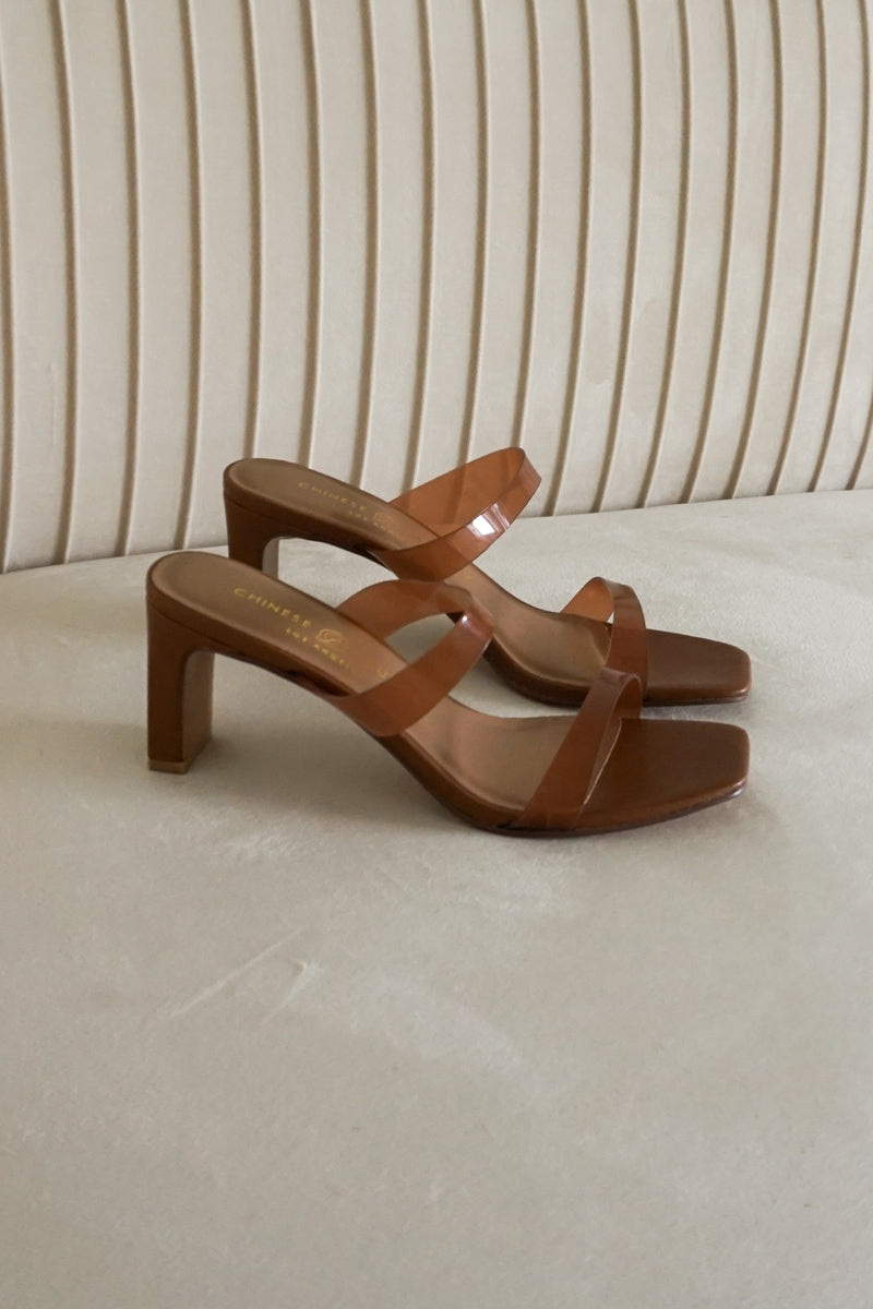 Yanti Double Strap Slide Sandals in Camel Side View