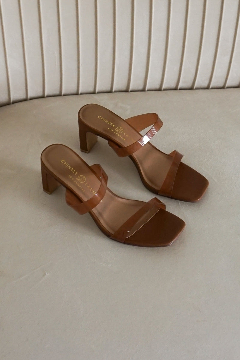 Yanti Double Strap Slide Sandals in Camel 3/4 View