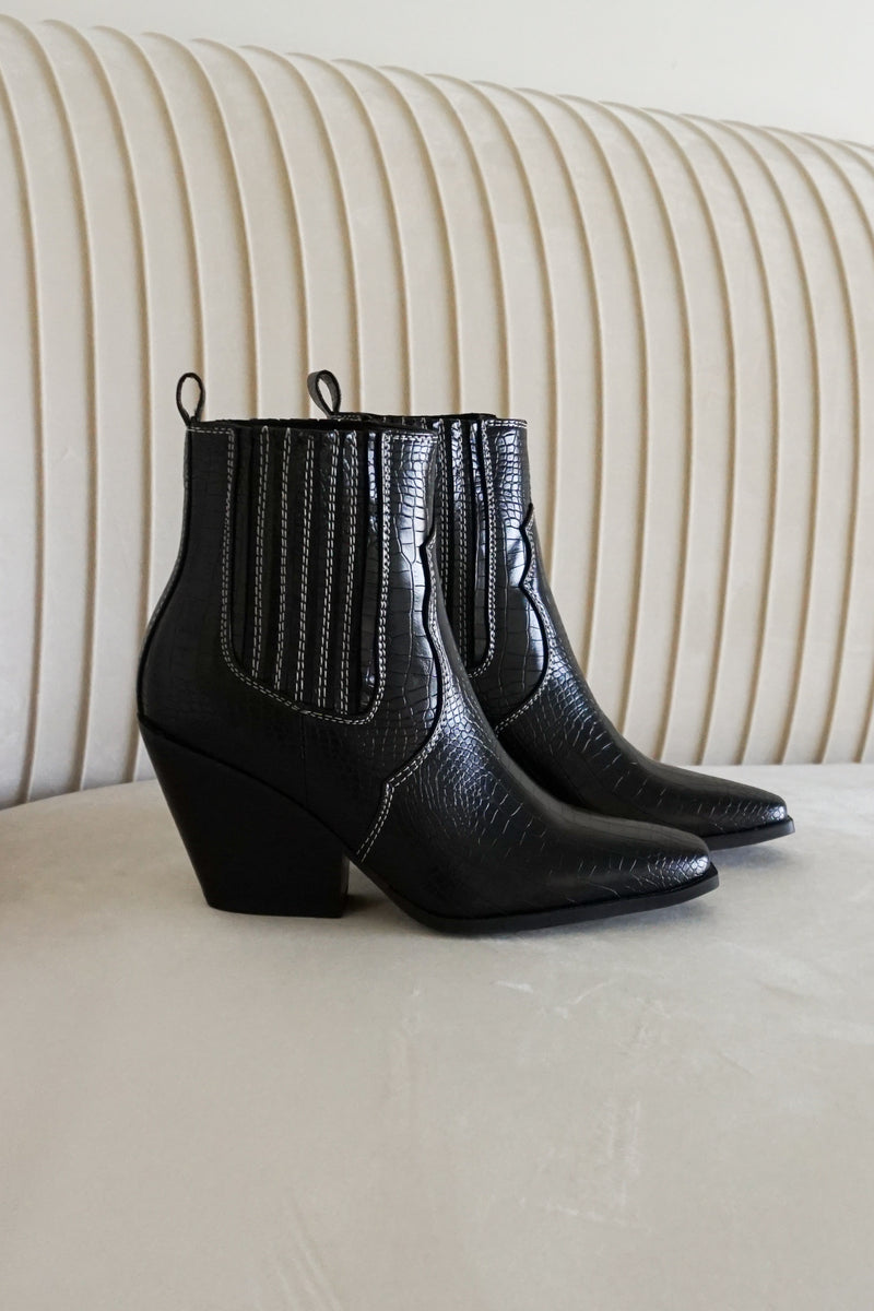 Camille Western Mid Ankle Boot in Black Side View