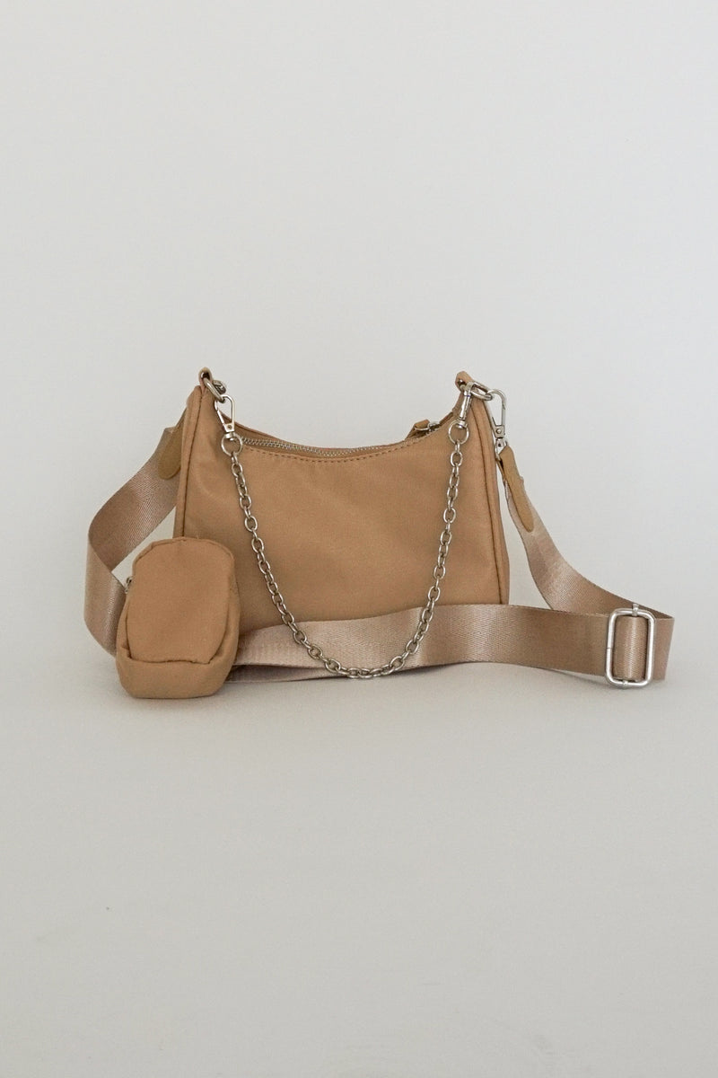 Lorissa Nylon Purse in Beige Front View with Straps