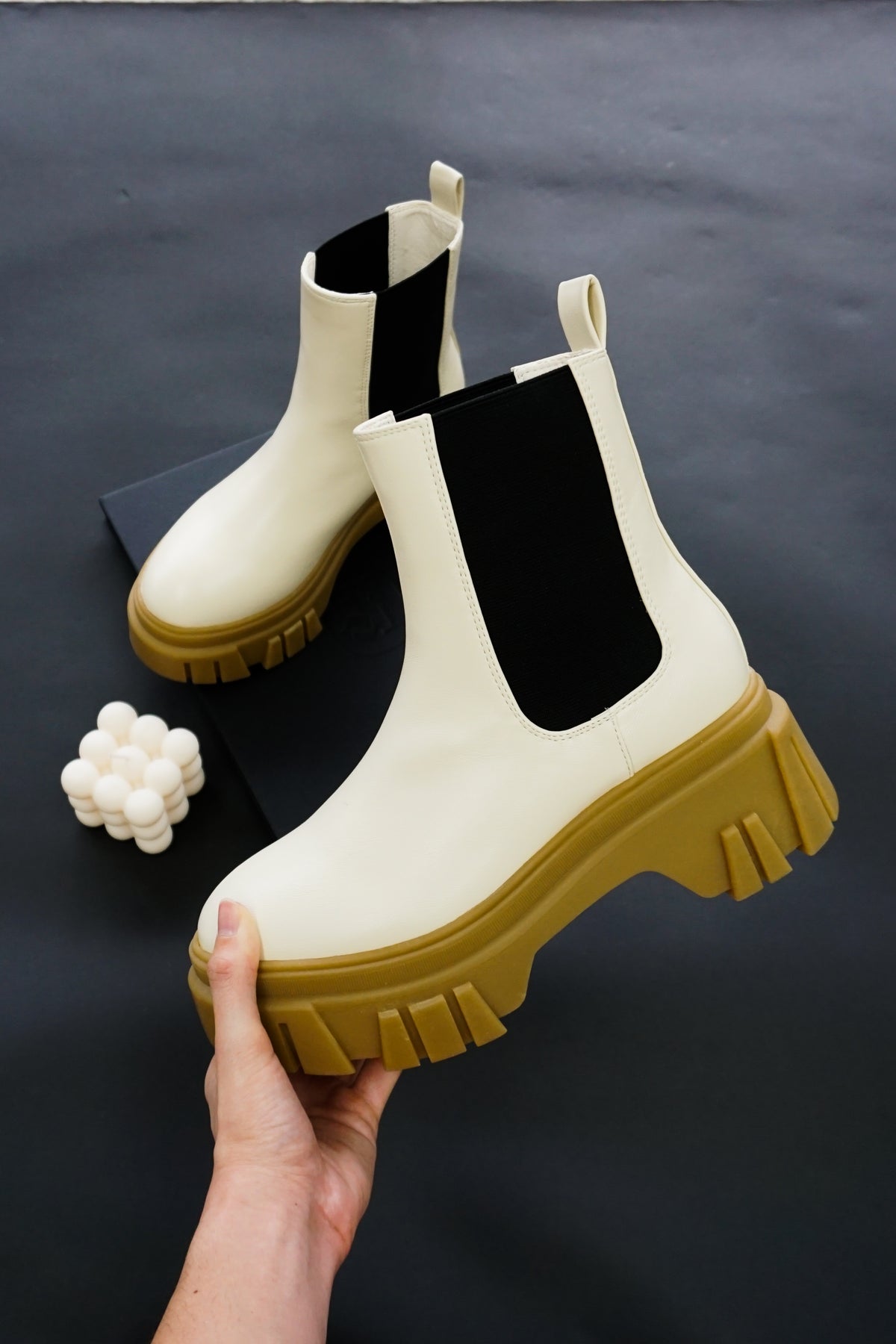 Jenny Combat Ankle Boots in Cream and Black