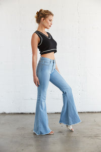 The side of these jeans show off the bell bottom flare. 