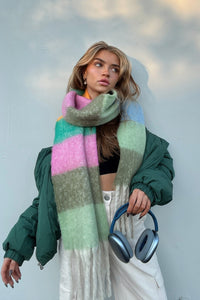 green and pink stripe scarf