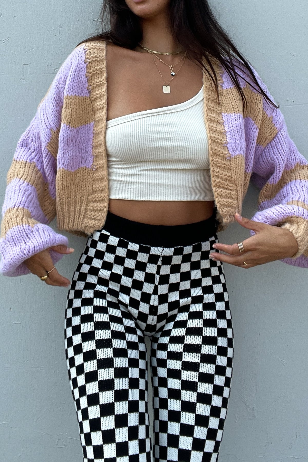 Purple and beige knitted cardigan