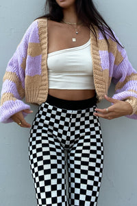Purple and beige knitted cardigan