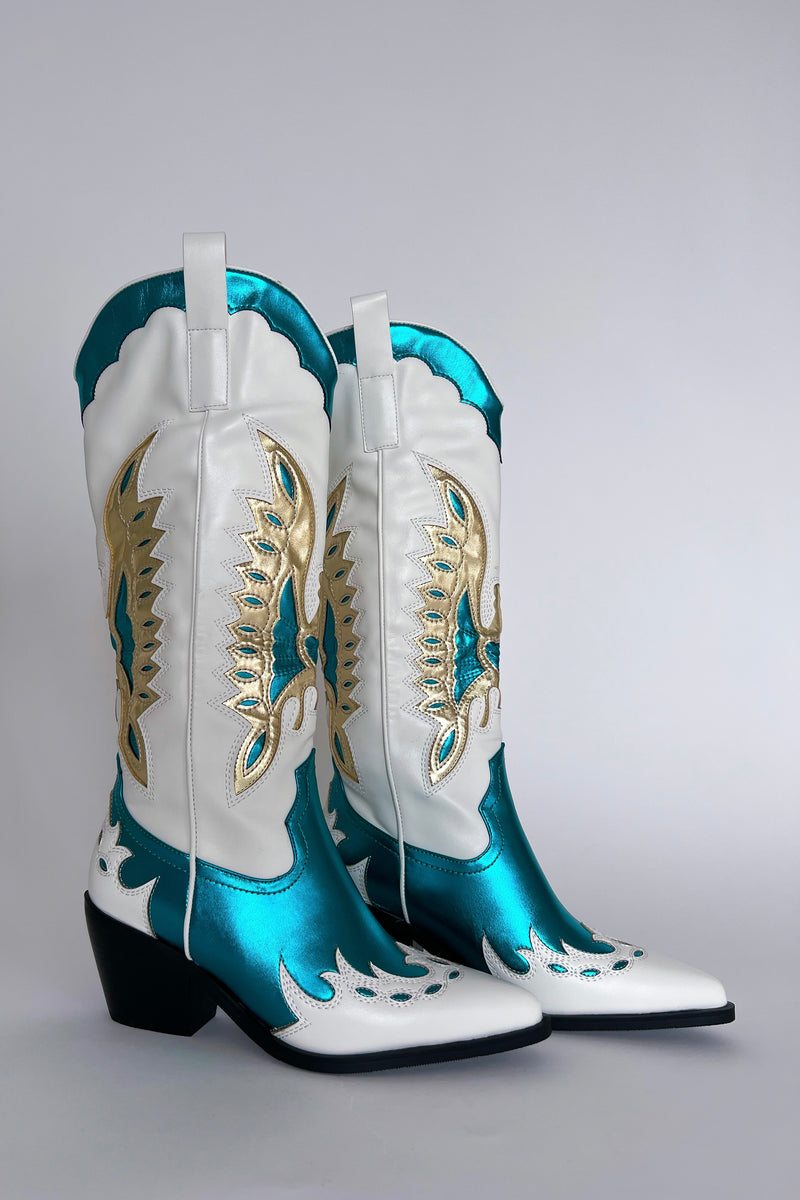teal and gold thunderbird western boots for women