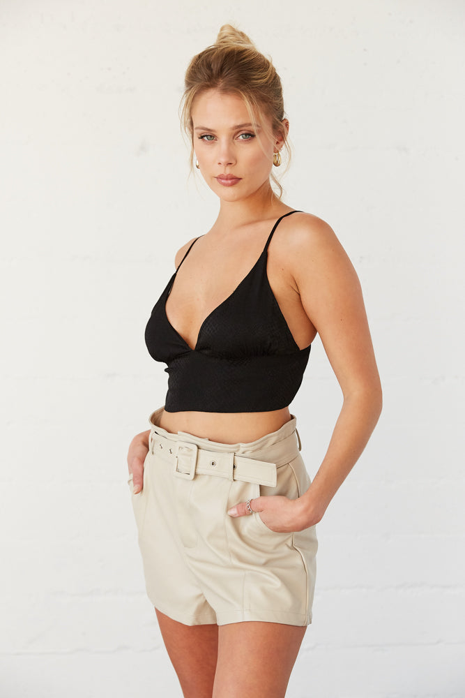 The side of this crop top has a V neckline. 