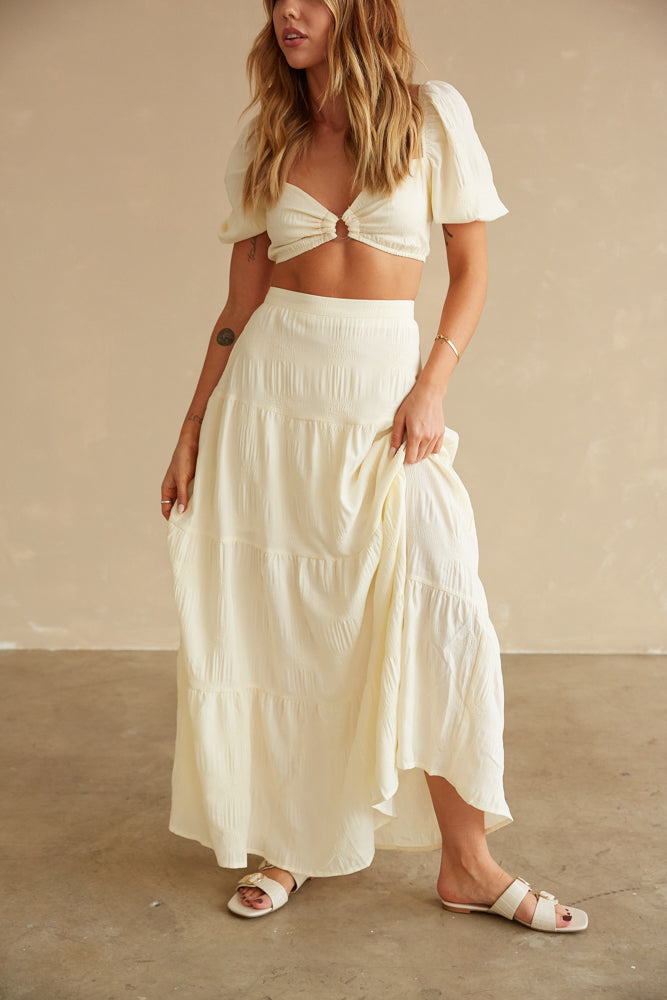 Front view of maxi skirt set with puff sleeve crop top