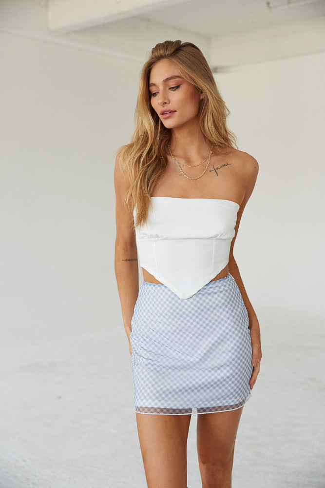 Front view of strapless crop top 