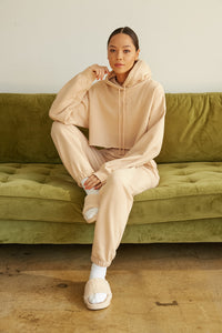 Cropped hoodie with matching sweatpants.