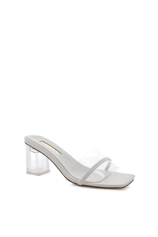 white and clear strappy block heel