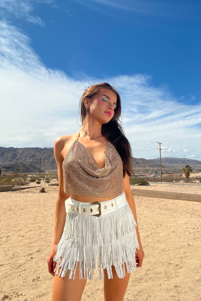 gold cowl neck rhinestone crop top - stagecoach outfit inspo
