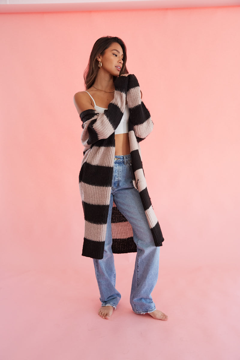 lilac and black striped open front cardigan - fuzzy long cardigan - girly striped midi cardigan