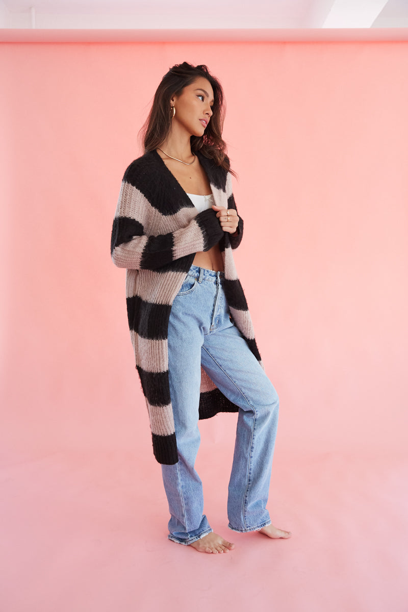 black and lilac striped cardigan - open front midi cardigan - fuzzy striped cardigan 