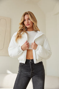 white puffer jacket - cropped white puffer - ivory puffer hoodie - ski apparel - outfits for the snow - trendy winter wear - sporty winter jacket