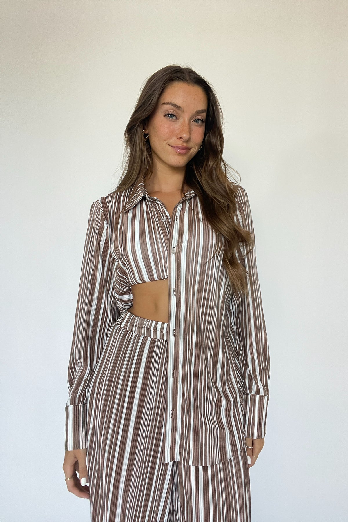brown and white striped plisse button up set - girls night in - wine nights - movie date - comfy work outfits - fall date night