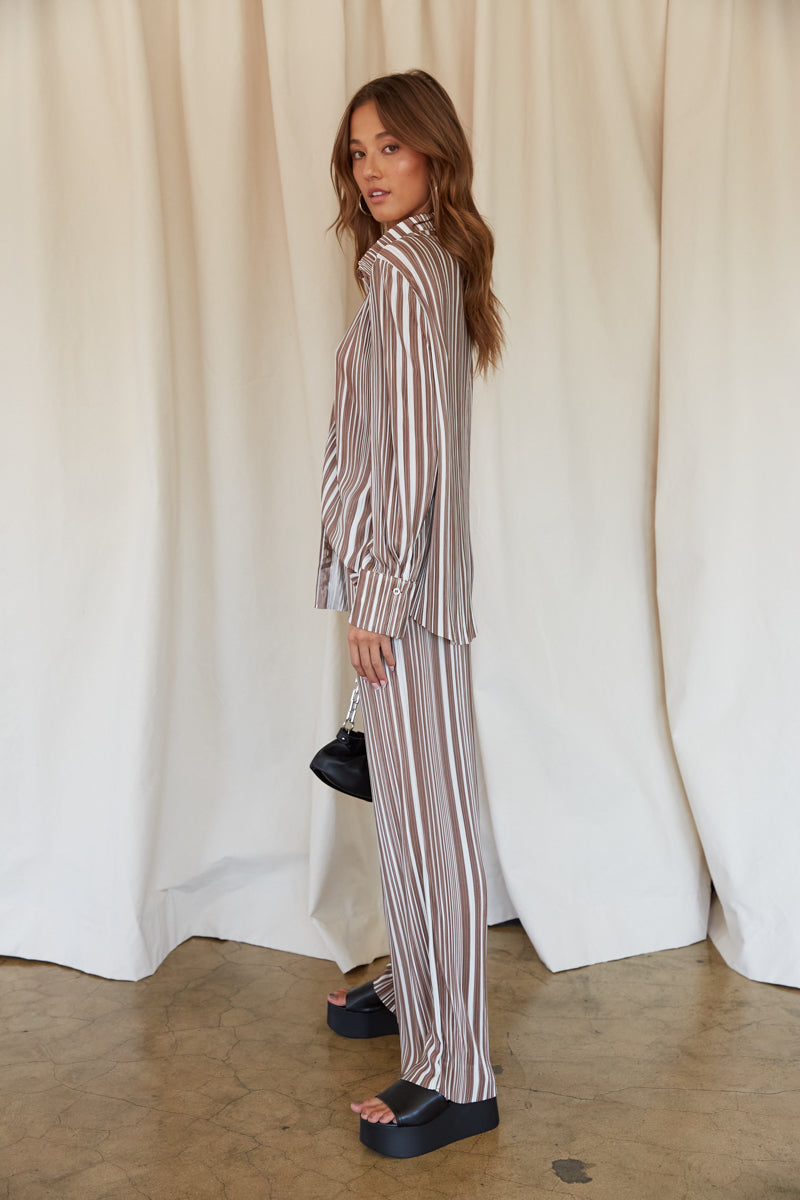 brown and white striped button up long sleeve top - collared button up for fall - oversized comfy top