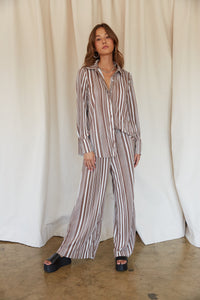 brown and white striped plisse wide leg pants - comfy fall style - trendy cool loose fit pants
