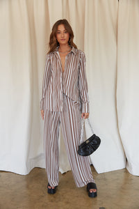 Wide leg elastic waistband pants - brown and white striped neutral lounge pants - comfy outfit inspo