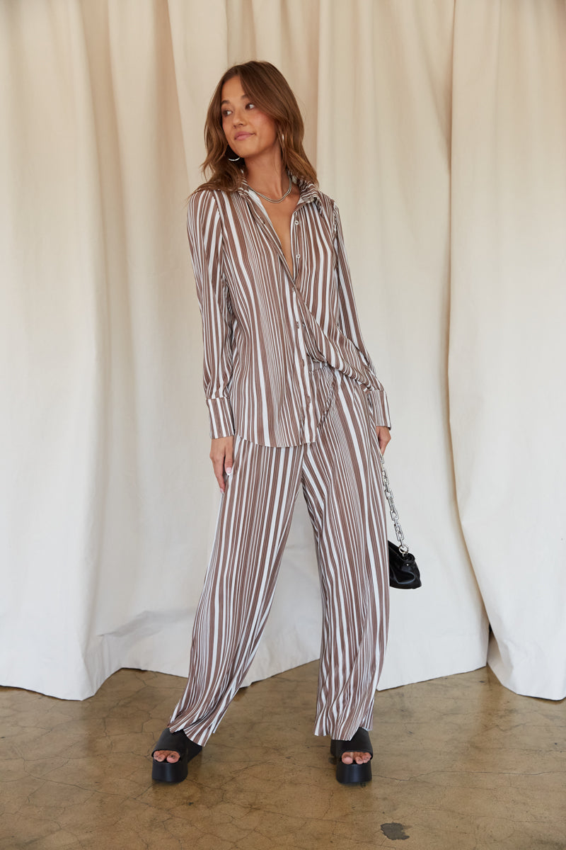 Brown and white striped wide leg pants and button up shirt set - relaxed work outfit - back to school style - neutral outfit inspo