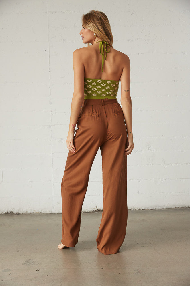 Andie Wide Leg Trouser Pants in Brown