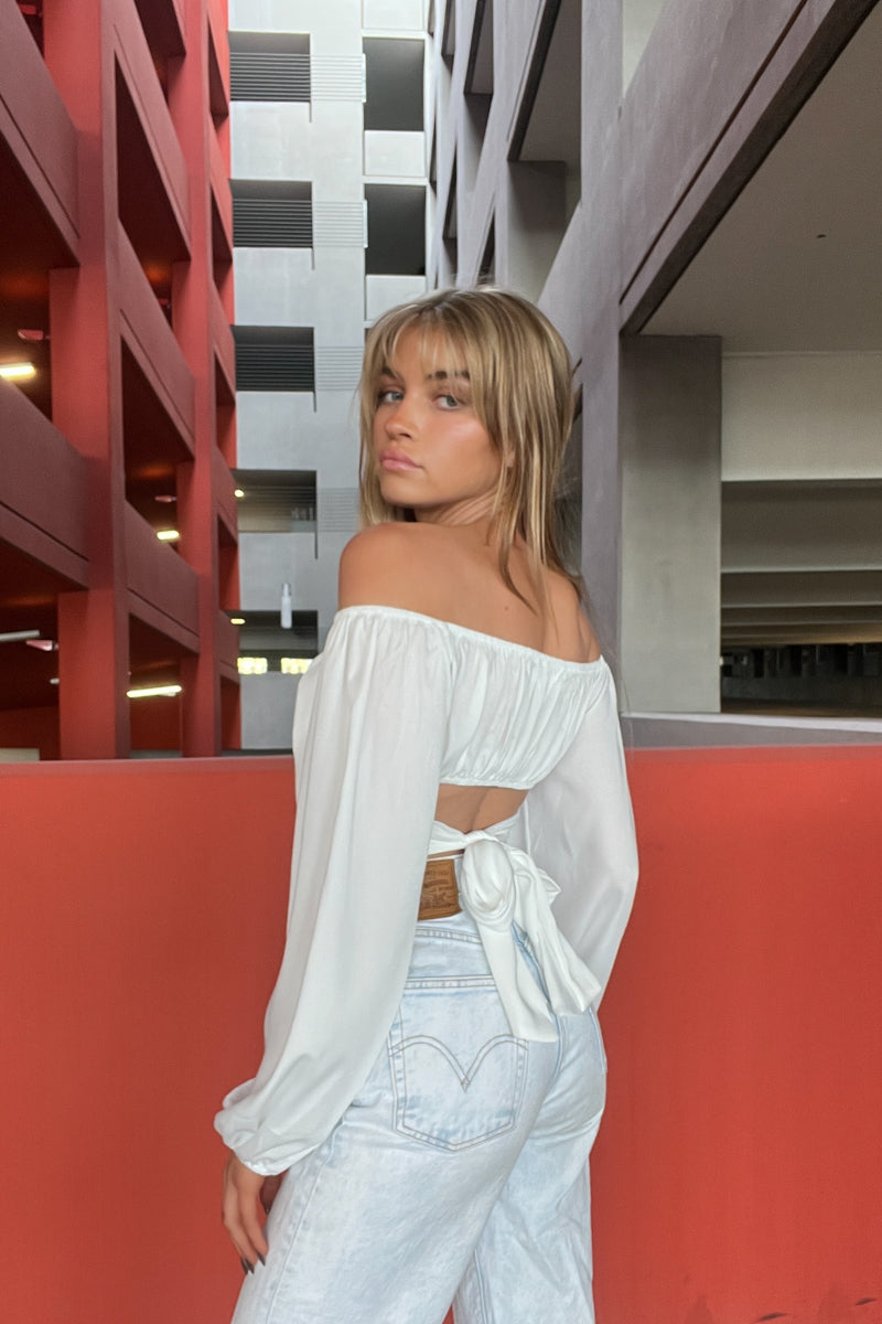 white off the shoulder long sleeve tie back
