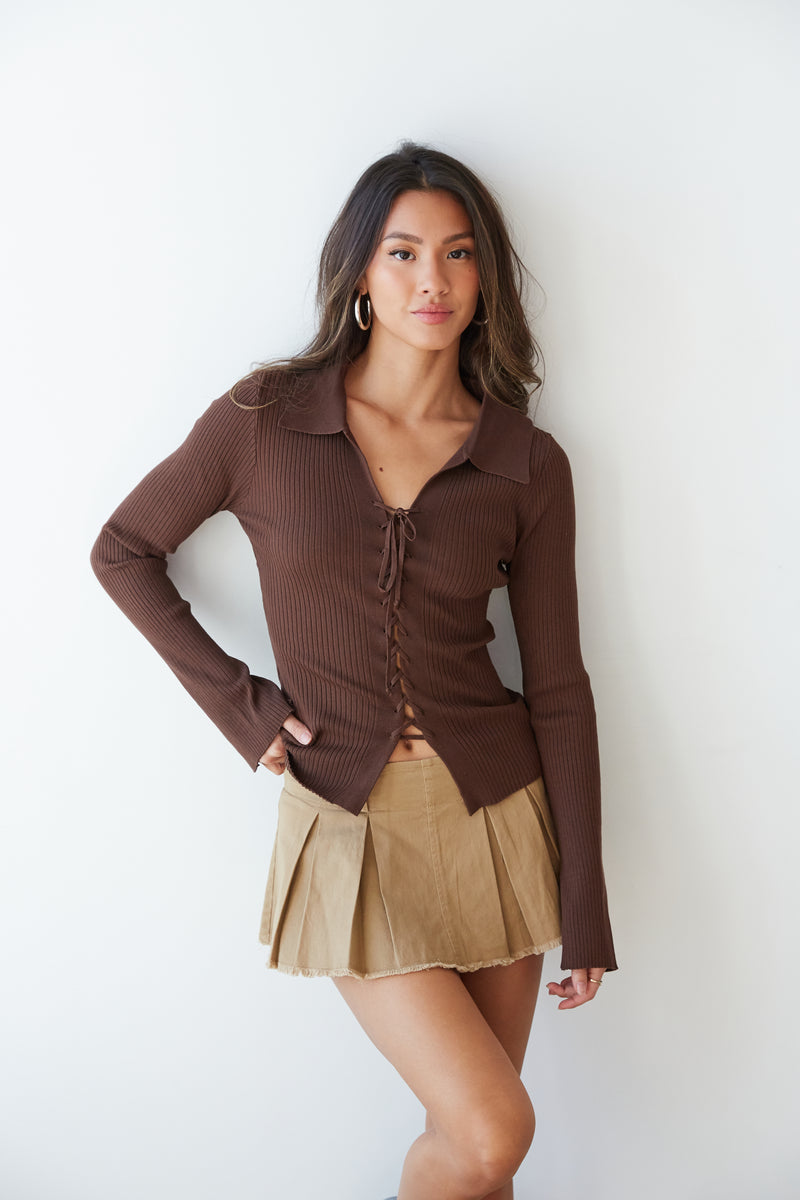 brown  lace up collared shirt - neutral long sleeve tie front top - sexy collared long sleeve shirt