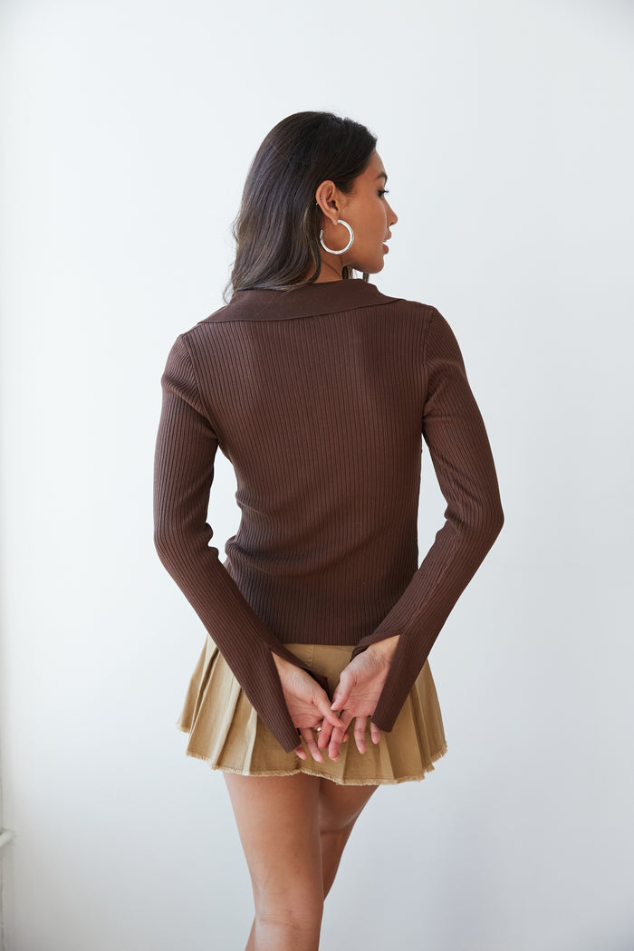 trendy brown long sleeve top - collared lace up shirt - ribbed brown long sleeve
