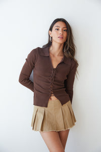 sexy lace up front long sleeve top - brown collared top - neutral ribbed brown top
