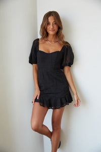 black chiffon mini dress with puff sleeves and ruffle hem  | black-image