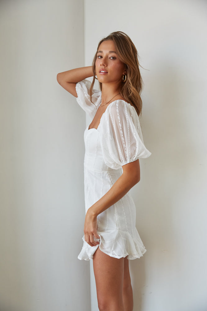 white eyelet lace dress perfect for college rush or graduates | senior photos outfit
