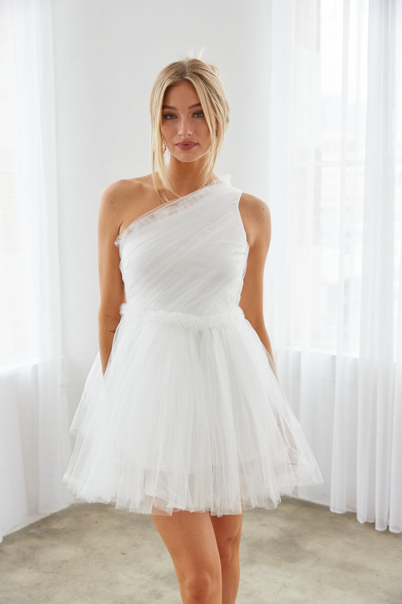 Azalea One Shoulder Tulle Babydoll Mini Dress Shop American Threads Women's Trendy Online Boutique White / M Azalea One Shoulder Tulle Babydoll Mini Dress Shop American Threads Women's Trendy Online Boutique White / M