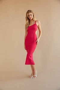 hot pink ribbed midi dress