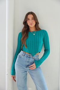green long sleeve knit top - teal v hem sweater - bright blue cropped long sleeve knit top