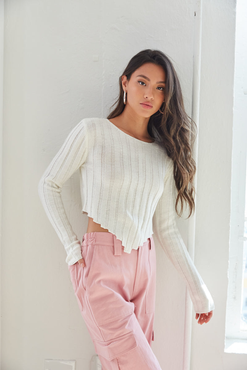 white v hem sweater - ribbed cropped knit top - trendy lightweight sweater