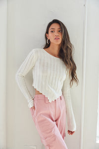 ribbed v hem long sleeve - off white knit top - spring outfit inspo