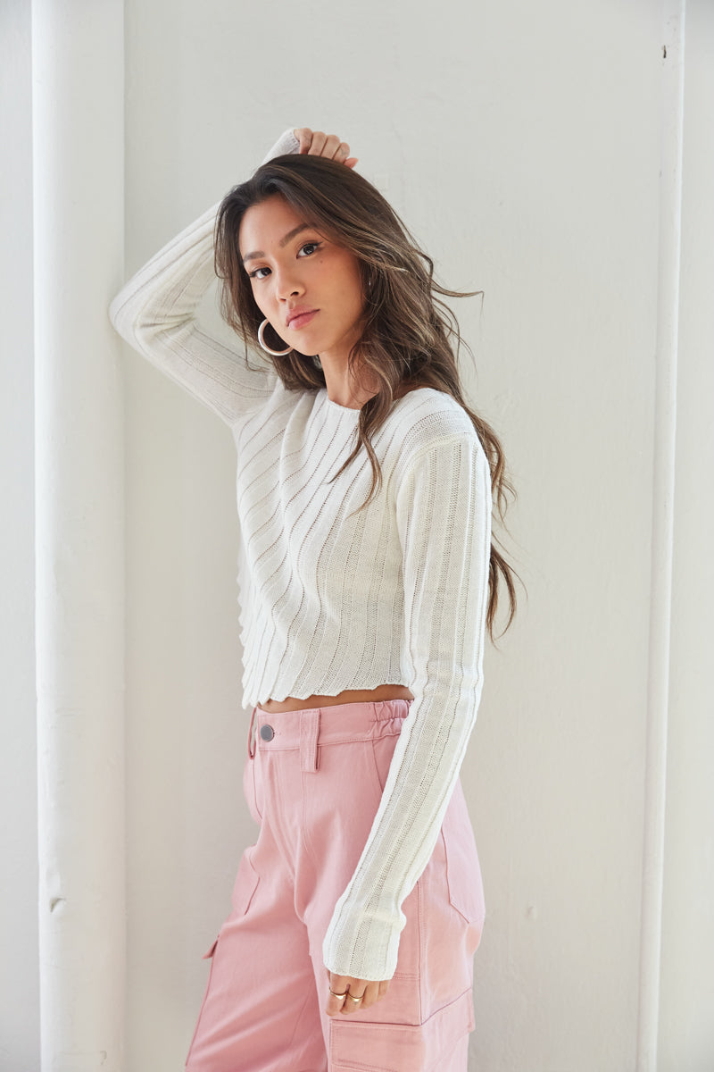 white lightweight sweater - cropped long sleeve knit top - off white v hem top